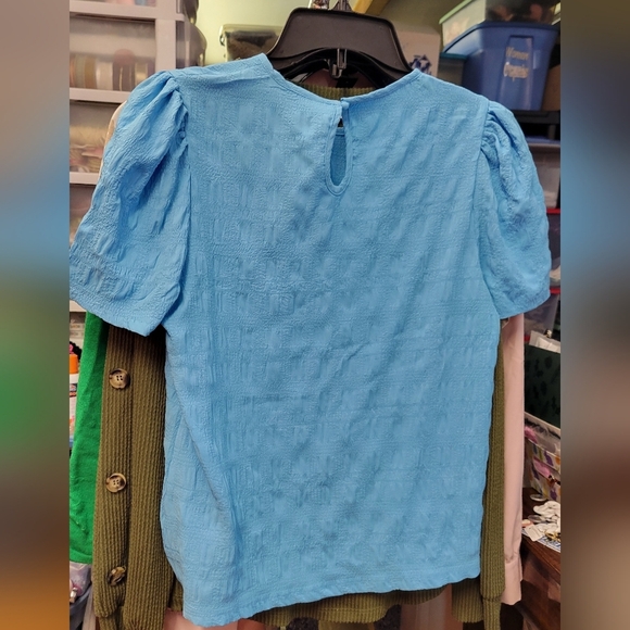 Schein Blue Textured Puff Sleeves Keyhole Back Top Medium - Picture 4 of 4